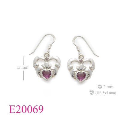 Stone Earrings, Claddagh, 5x5mm heart and 2mm round stones.